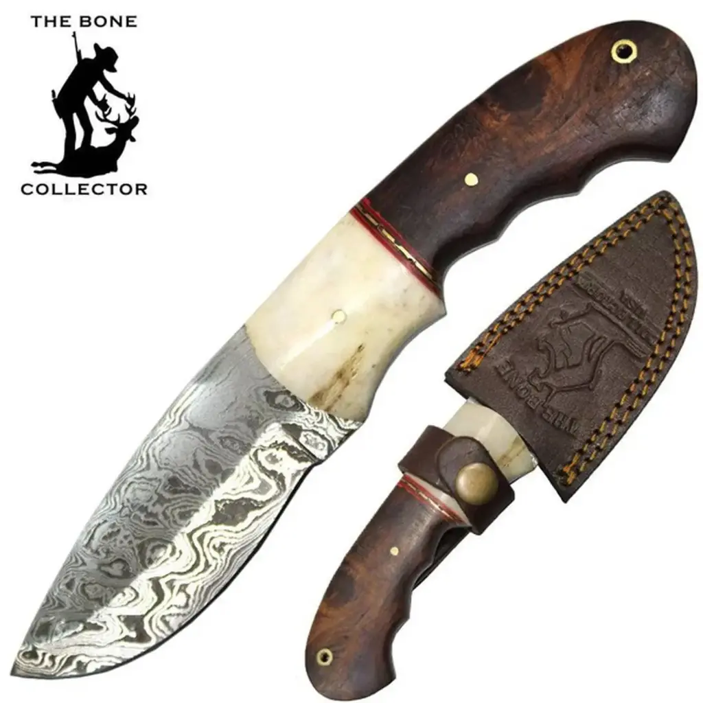 8" Damascus Blade Bone Collector Bovine Bone & Wood Hunting Knife w/ Leather Sheath