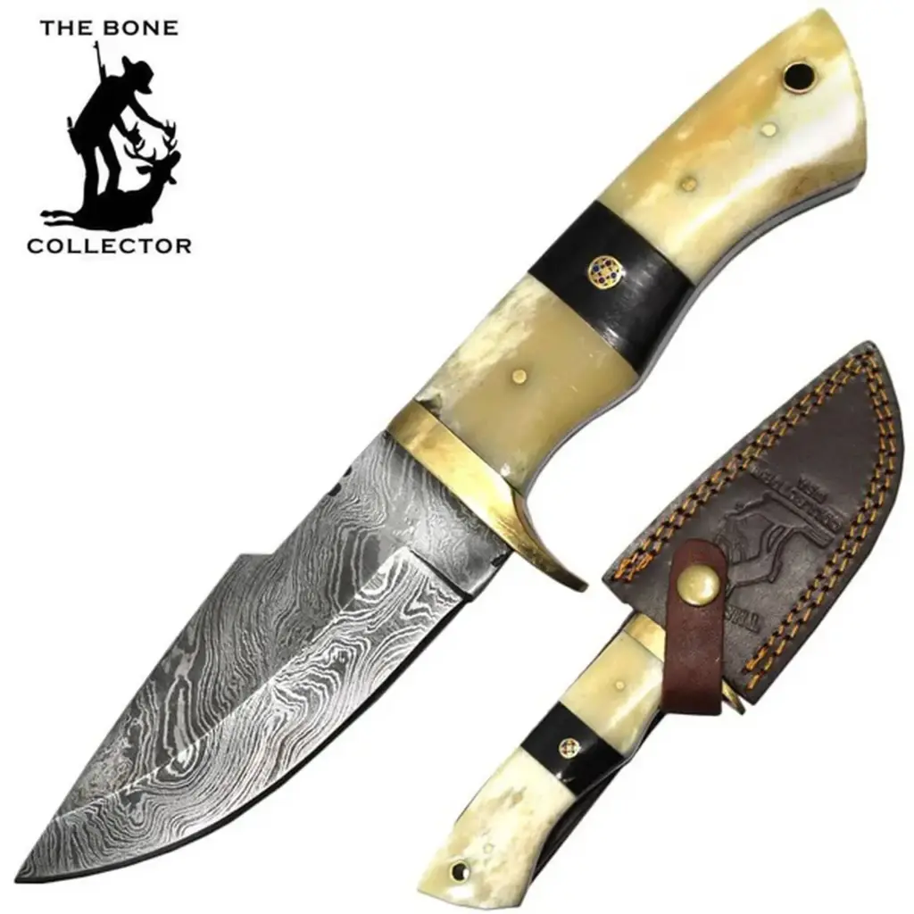 9" Damascus Blade Bone Collector Bovine Bone Handle Hunting Knife w/ Leather Sheath | Bone Collector