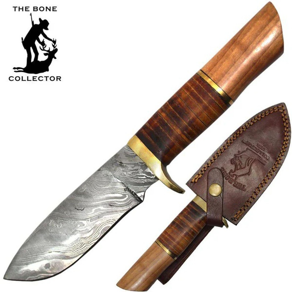 10" Damascus Blade Bone Collector Leather & Wood Handle Hunting Knife with Leather Sheath