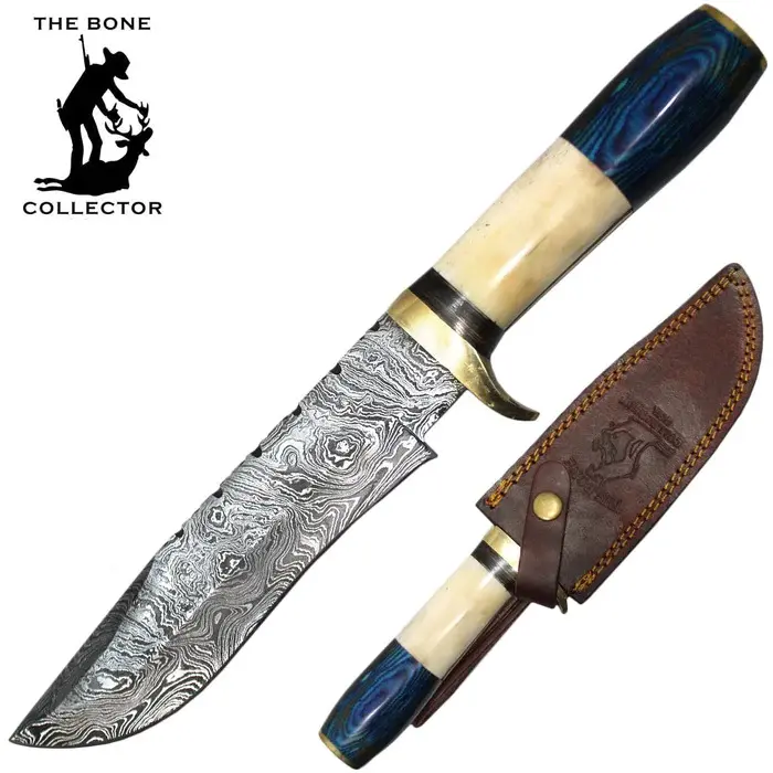 12" Damascus Blade w/ Bovine Bone & Wood Handle Hunting Knife w/ Leather Sheath | Bone Collector