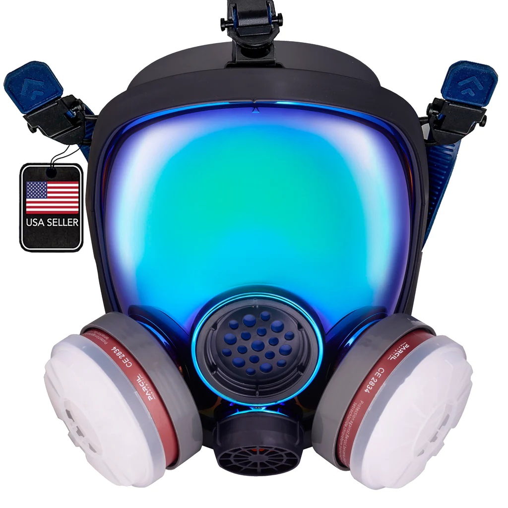 Full Face Respirator Gas Mask with Organic Vapor and Particulate Filtration | Mirrored - Arctic Blue| Parcil Safety