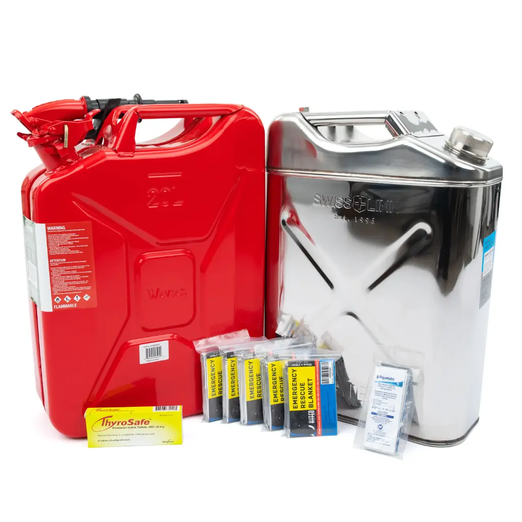 Emergency Preparedness Bundle: 40L Dual-Can Storage, Aquatabs, Thyrosafe KI & 5-Pack Rescue Blankets