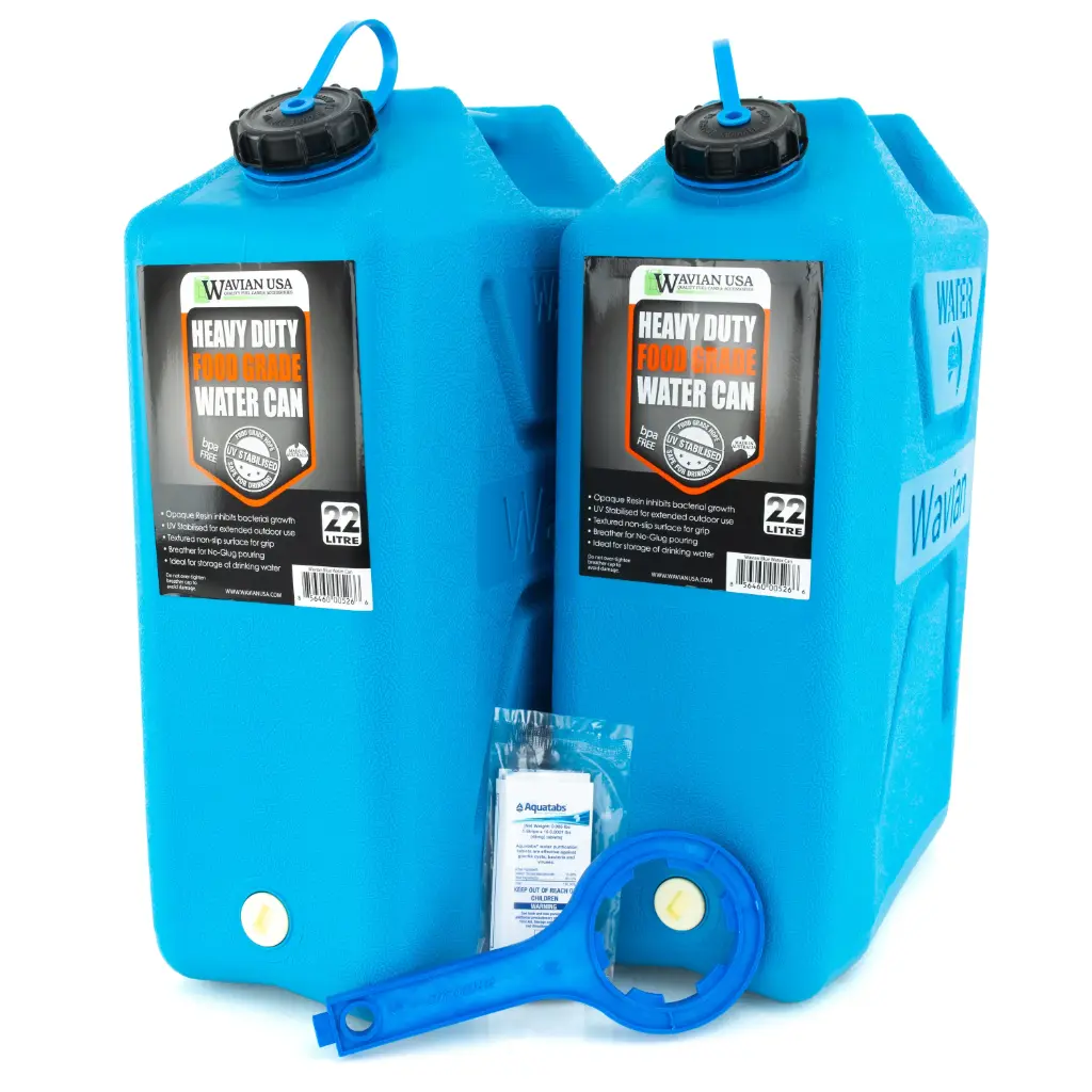 Wavian 5-Gallon Water Can Survival Bundle – Includes 2 Cans, Opener Tool, & 50 Aquatabs