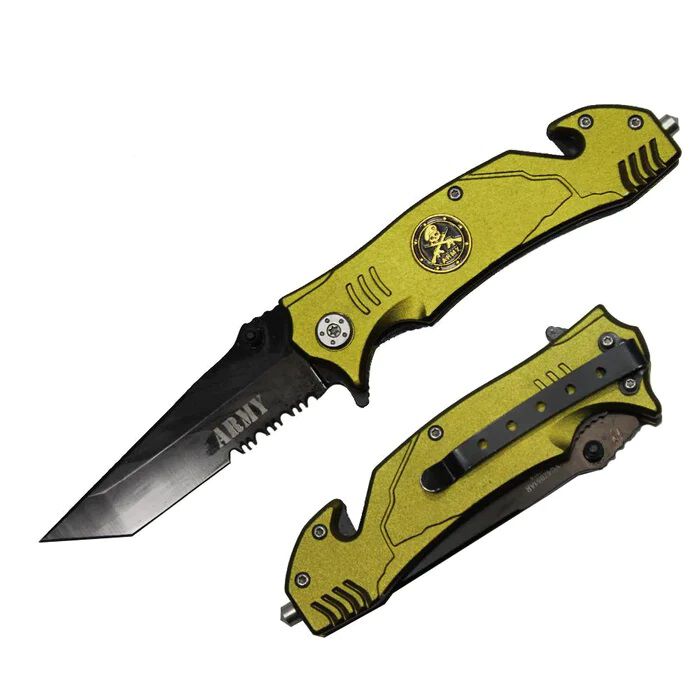 4.5" Olive Gold Assisted-Open Army Rescue Knife w/ Metal Handle
