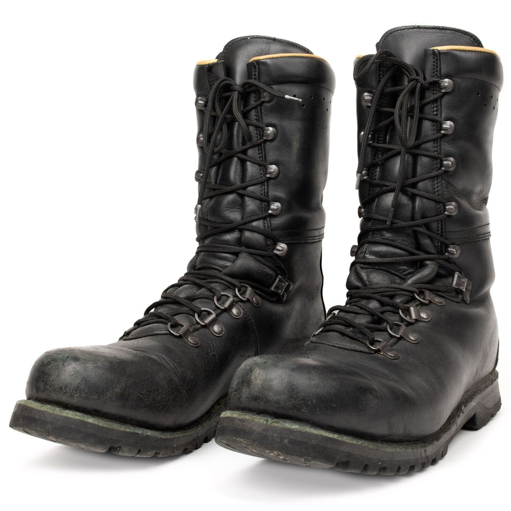 Issued black leather Austrian Alpine Ranger boots with tall shafts and lugged soles
