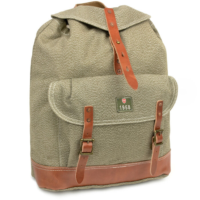 1963 swiss military leather and salt & pepper canvas backpack Vintage 1960s Army Vtg '63 Salt Pepper Canvas