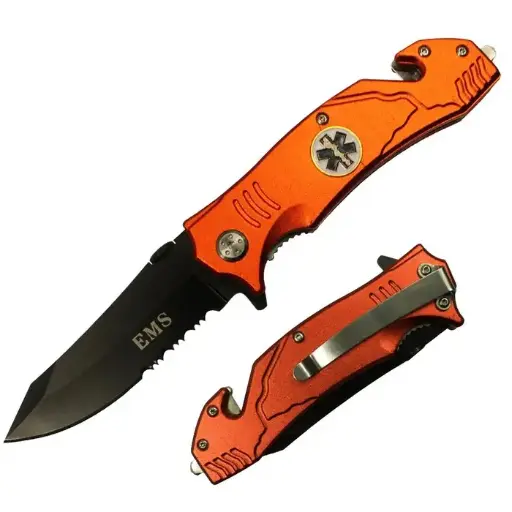 [YC 47051-EMS] 4.5" Blade Digital Orange EMS Knife w/Seat Belt Cutter & Glass Breaker
