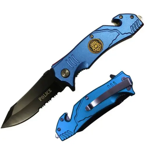 [YC 47051-PO] 4.5" Blue Police Assist-Open Metal Handle Rescue Knife