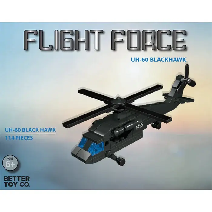 Flight Force UH-60 Black Hawk building kit box showing the black helicopter with blue cockpit