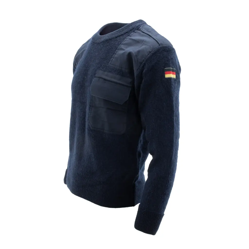 Navy German commando sweater with reinforced shoulders and a German flag on the sleeve