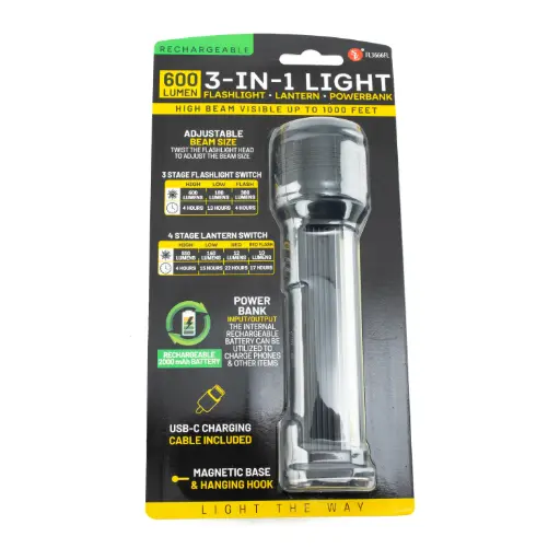 [FL3666FL] 600 Lumen 3-in-1 Rechargeable Tactical Flashlight, Lantern & Power Bank - Magnetic Base