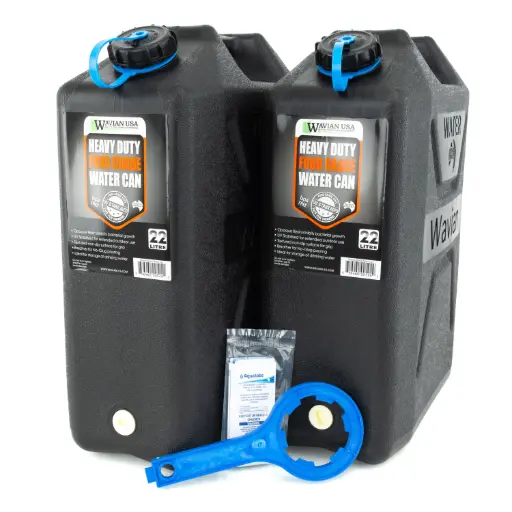 [8152] Wavian 5-Gallon Water Can Survival Bundle – Includes 2 Cans, Opener Tool, & 50 Aquatabs